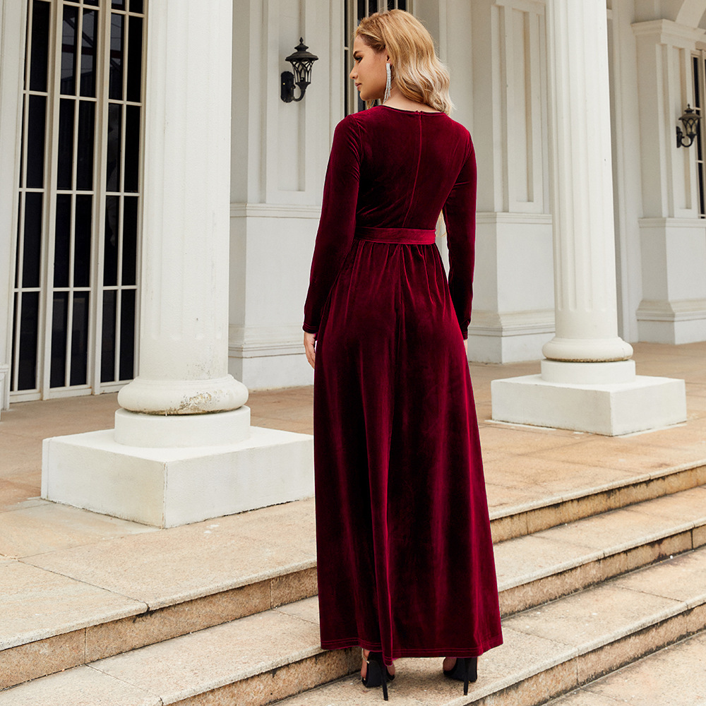 Elegant Velvet Maxi Dress - Autumn Winter Long Sleeve Floor Length Evening Gown